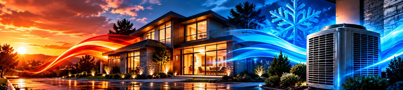 A home at sunset with warm and cool air flowing around it, beside an outdoor air conditioning unit.